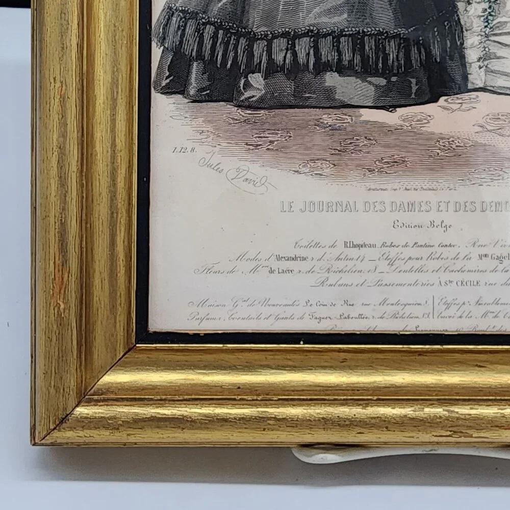 Antique Gilt Wood Picture Frame 1800's Paris Fashion Lithograph 8x10 Belge - Picture 7 of 12